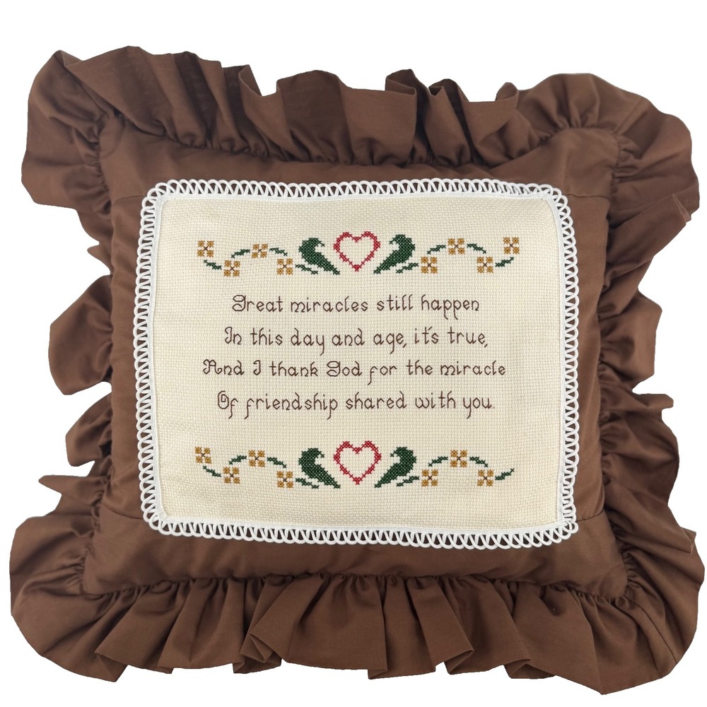 Vintage Handcrafted Needlepoint Cross Stitch Throw Pillow - Hand Stitched Verse